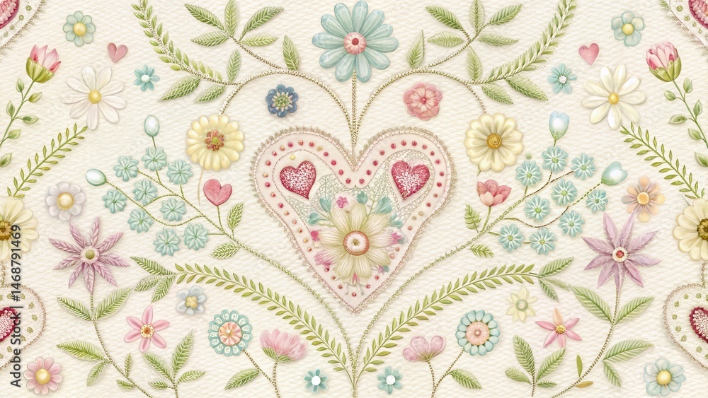 Intricate embroidered floral pattern featuring stitched hearts in soft pastel colors on a white background, with delicate lace details and subtle texture , whimsical heart patterns, delicate design