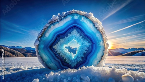 Obraz na płótnie Stunning Blue Agate Geode Amidst Snowy Landscape, mineral deposit w salonie