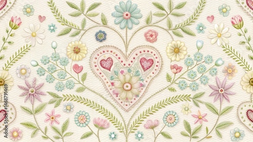 Intricate embroidered floral pattern featuring stitched hearts in soft pastel colors on a white background, with delicate lace details and subtle texture , whimsical heart patterns, delicate design