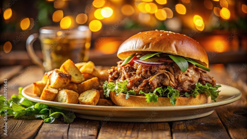 A juicy pulled pork burger placed on a plate with crispy potatoes and fresh mixed greens salad, all under the warm glow of traditional Irish pub lighting , homestyle cooking, pulled pork