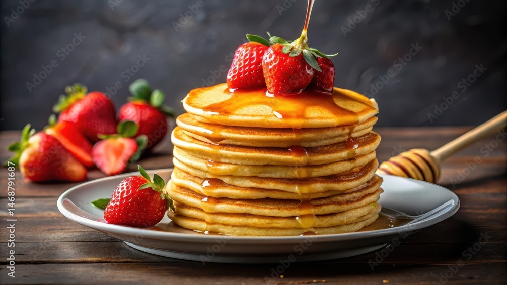 Pancakes stacked on a plate with a drizzle of golden honey and fresh strawberries , still life