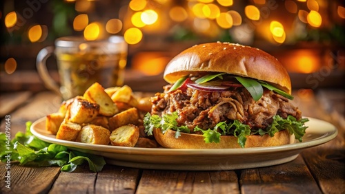 A juicy pulled pork burger placed on a plate with crispy potatoes and fresh mixed greens salad, all under the warm glow of traditional Irish pub lighting , homestyle cooking, pulled pork
