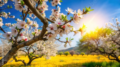 A delicate almond blossom tree stands against a clear blue sky with lush green foliage and vibrant yellow flowers , almonds