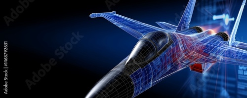 F-35 Fighter Jet Wireframe Hologram with Airfield Data Visualization