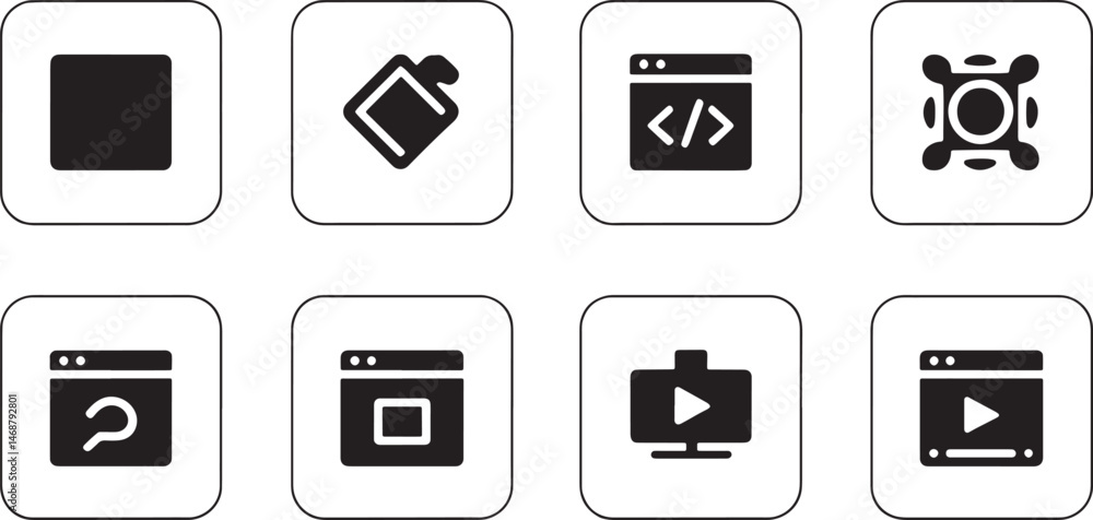 Set of modern icons depicting web development media and interface elements Set of modern icons depicting web development media and interface elements