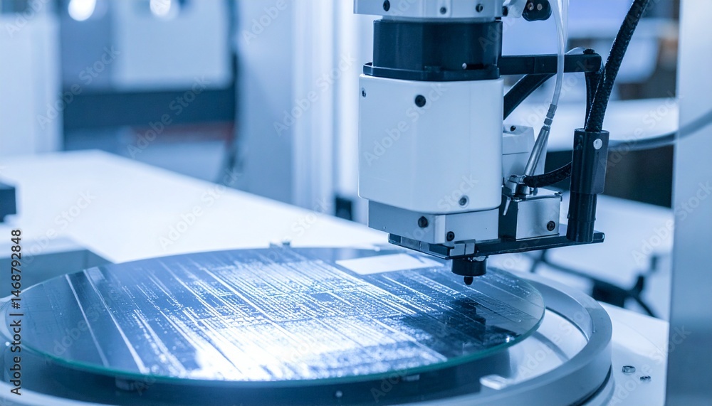 A robotic arm precisely places a microchip on a silicon wafer.
A robotic arm precisely places a microchip on a silicon wafer.