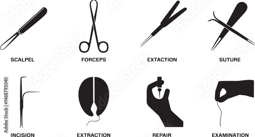 Medical tools and surgical instruments black and white icon set for healthcare and hospitals