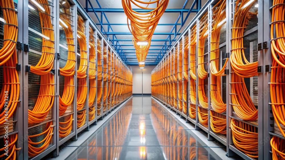 Data Center Corridor with Orange Cables, technology, orange cables