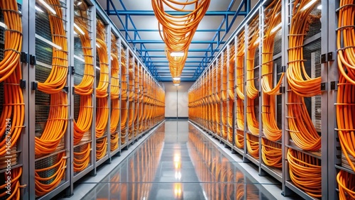 Obraz na płótnie Data Center Corridor with Orange Cables, technology, orange cables w salonie