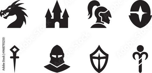 Medieval fantasy themed icon set depicting dragons knights castles shields and emblems