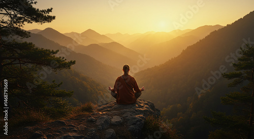 Spiritual Hermit Meditating on Mountain at Sunrise.eps