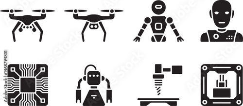 Modern technology icons representing drones robots 3d printing and semiconductor electronics