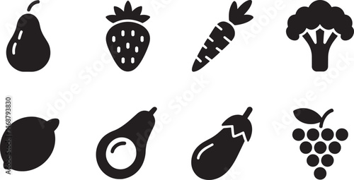 Monochrome silhouettes of common fruits and vegetables for healthy eating and nutrition