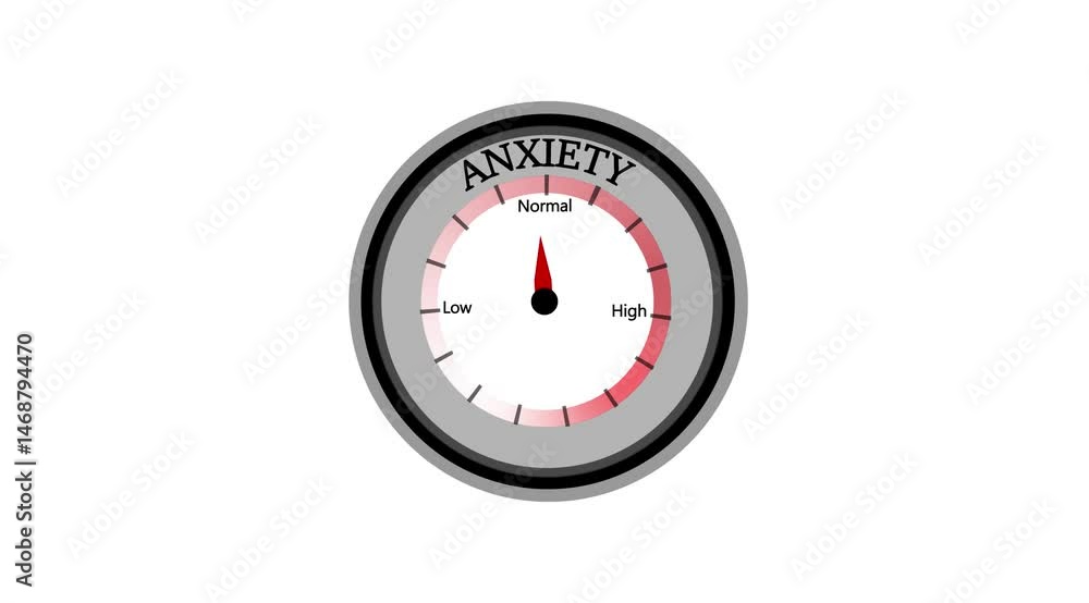 Anxiety text or word displayed with a barometer or tachometer-style gauge showing levels from low to normal to high, symbolizing the varying levels of anxiety and mental health concerns Anxiety text or word displayed with a barometer or tachometer-style gauge showing levels from low to normal to high, symbolizing the varying levels of anxiety and mental health concerns