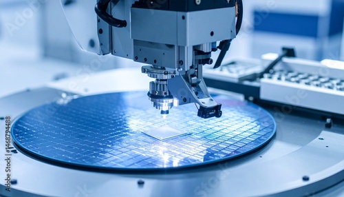 A robotic arm precisely places a microchip on a silicon wafer.
