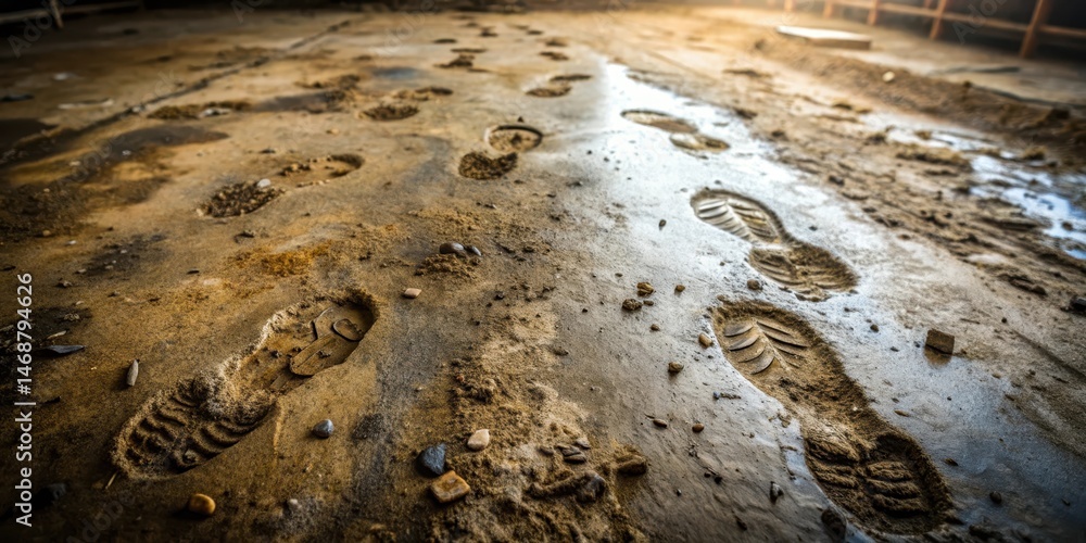 Muddy footprints on a dirty floor, dirt, disorder, dirt