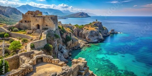 Ancient Greek fortress ruins overlooking a turquoise sea with rugged limestone cliffs and a hint of mist , leper colony, abandoned settlement