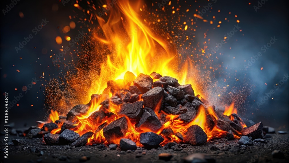 Smoldering coal with fiery embers, surrounded by warm golden light, set against a dark charcoal background , night, heat, night, heat