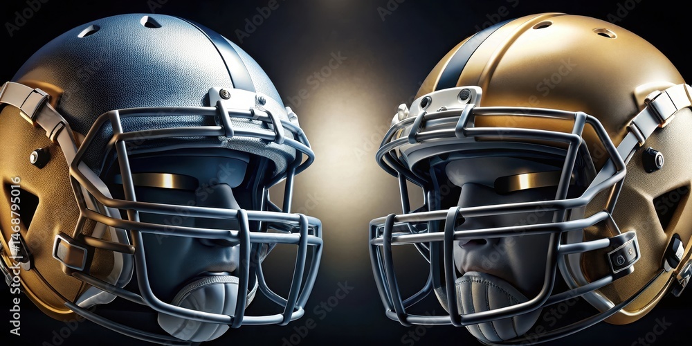 Two football helmets are facing each other in a close-up shot, with their facemasks and chin straps visible