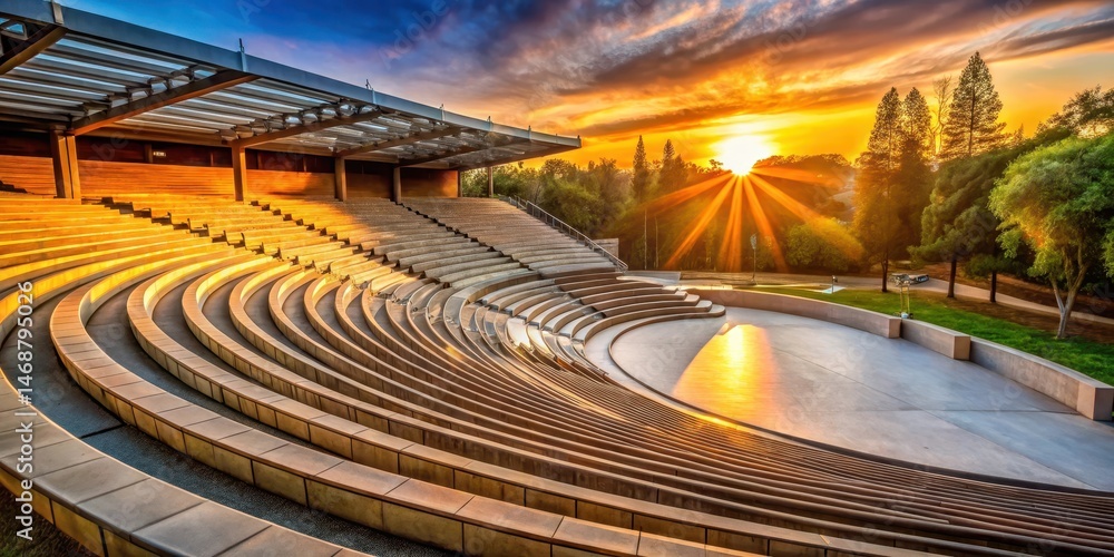 A modern amphitheater is bathed in warm light as the sun sets behind it, architecture, theater