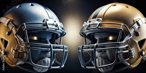 Obraz na płótnie Two football helmets are facing each other in a close-up shot, with their facemasks and chin straps visible w salonie