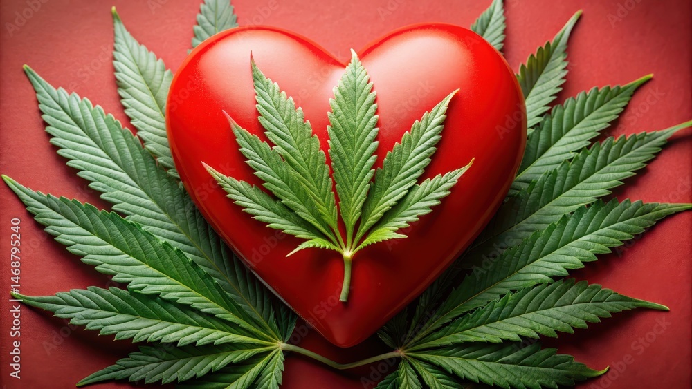 A close-up shot of a single marijuana leaf on a red heart-shaped plant stem