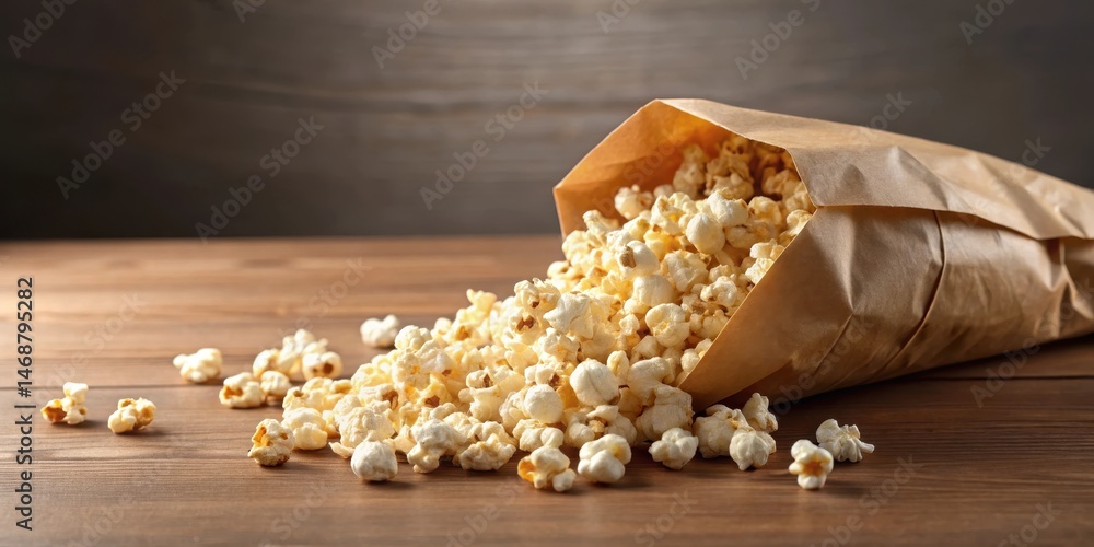 A single serving of unpopped microwave popcorn spilled out of a paper bag on a table, paper bag, mess