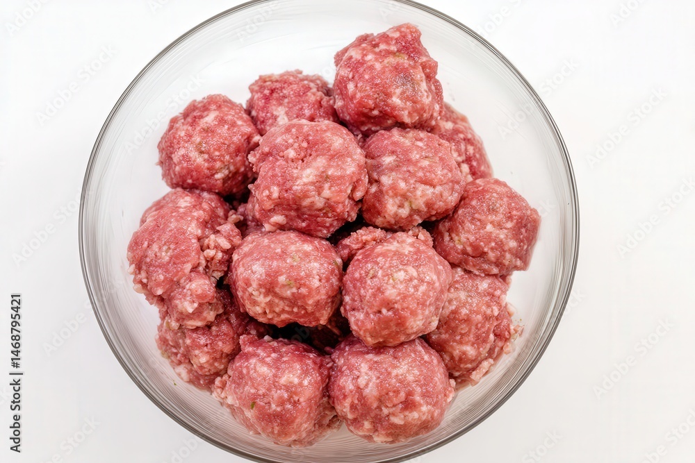 Bowl filled with raw seasoned meatballs on white background
Bowl filled with raw seasoned meatballs on white background