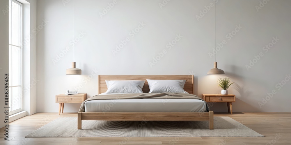 Minimalist bedroom scene featuring a wooden double bed set against an empty white wall backdrop, adorned with simple pillows and soft lighting , empty wall, beige bedroom