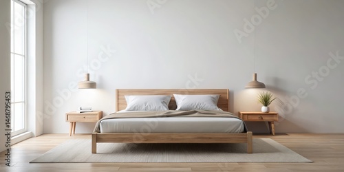 Obraz na płótnie Minimalist bedroom scene featuring a wooden double bed set against an empty white wall backdrop, adorned with simple pillows and soft lighting , empty wall, beige bedroom w salonie