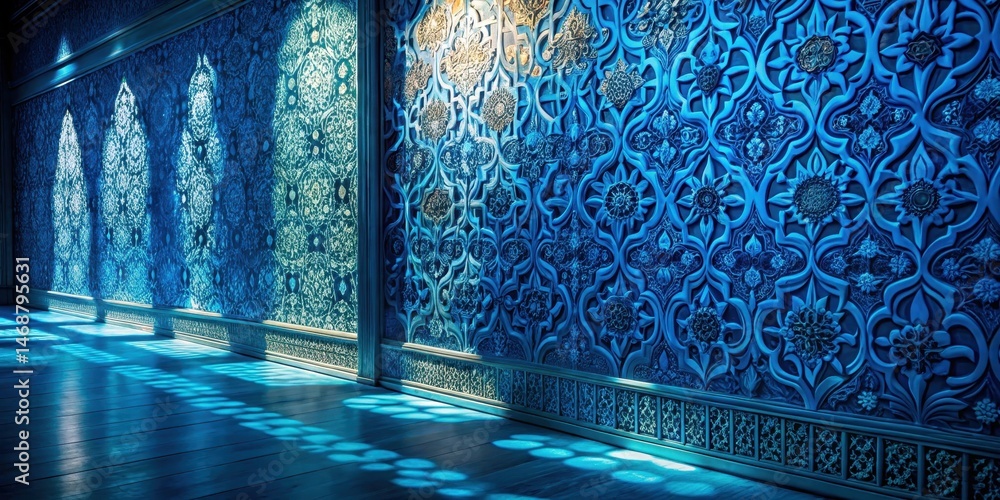 A light source emitting a warm glow illuminates a blue wall with intricate patterns, casting long shadows on the surface and highlighting textures , warm glow, pattern illumination