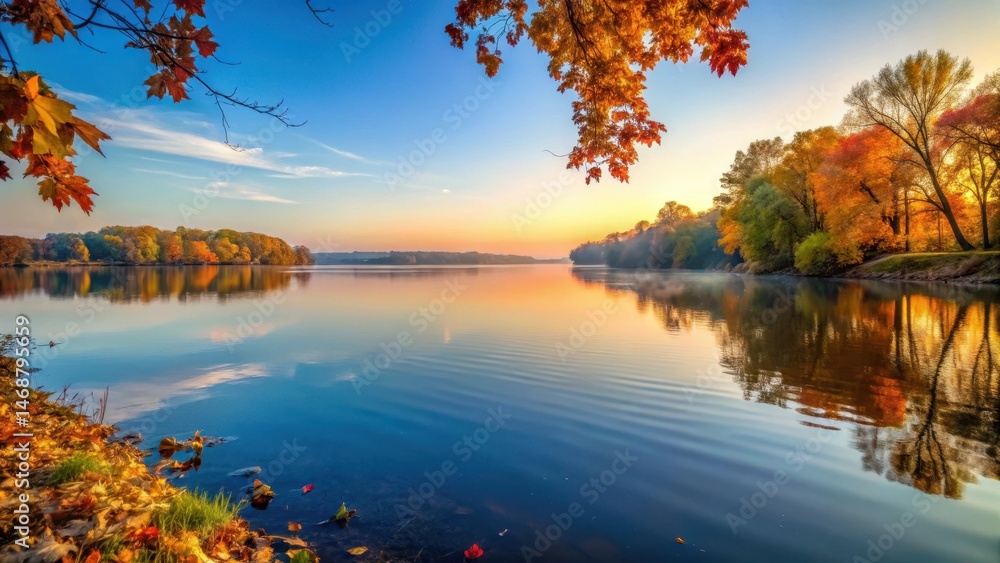 Serene Mississippi River at Dawn, river, autumn leaves, river,autumn leaves, tranquil scene, serenity, scenic
