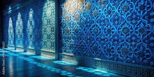 Obraz na płótnie A light source emitting a warm glow illuminates a blue wall with intricate patterns, casting long shadows on the surface and highlighting textures , warm glow, pattern illumination w salonie