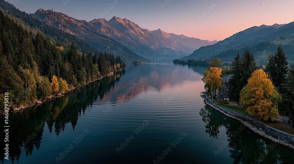 Obraz premium Scenic serene nature landscape with river and mountains during sunrise tranquil environment aerial view