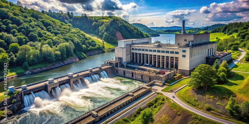 Industrial powerhouse amidst nature , hydro power station