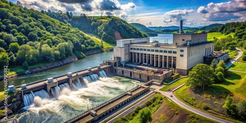 Industrial powerhouse amidst nature , hydro power station