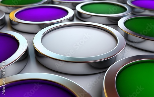 Abstract White Purple and Green Shapes with Chrome Trim on White Background Floating Minimalistic Close-Up