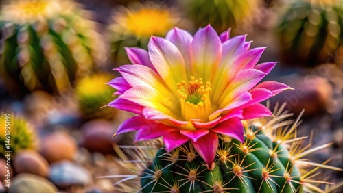 Prickly yet beautiful, this cactus flower blooms in vibrant shades of pink and yellow, its delicate petals a stunning contrast to its spiky exterior , nature landscape, desert blooms