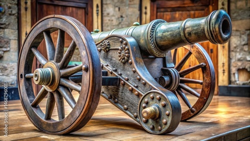 Ancient bronze artillery piece with large wooden wheels and intricate metalwork details, set on a stone pedestal or displayed on a wooden shelf , military equipment, metalwork details