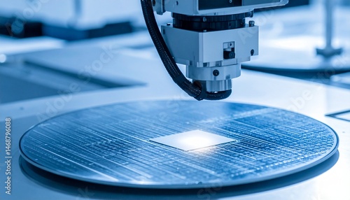 A robotic arm precisely places a microchip on a silicon wafer.