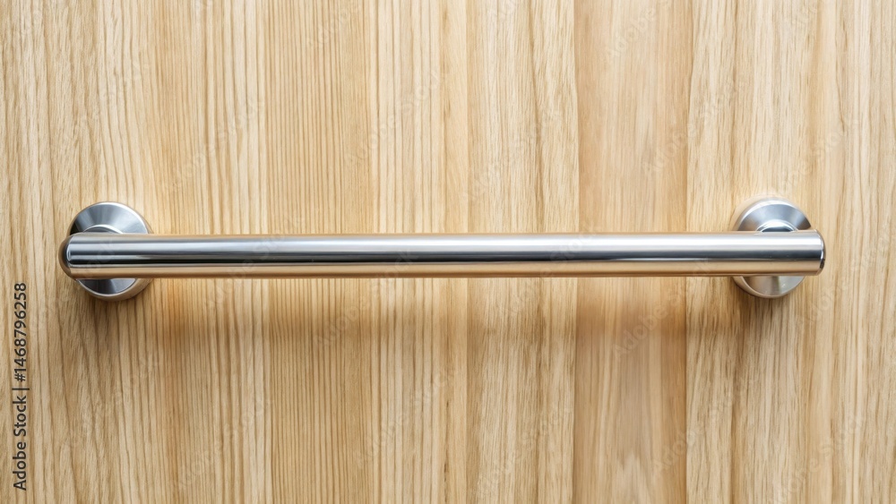 Close-up of polished metal grab bar mounted on light wood wall with subtle texture and grain visible, modern design, textured surface