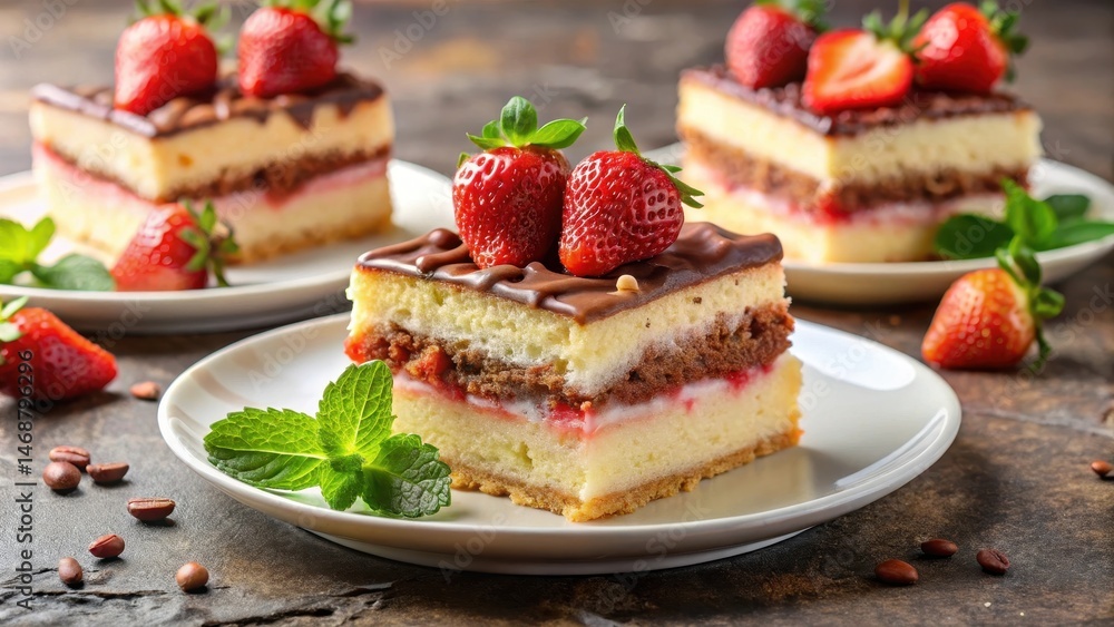 Moist strawberry cake slices on a white plate with fresh strawberries and chocolate shavings , strawberries, food, strawberries