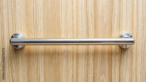 Close-up of polished metal grab bar mounted on light wood wall with subtle texture and grain visible, modern design, textured surface