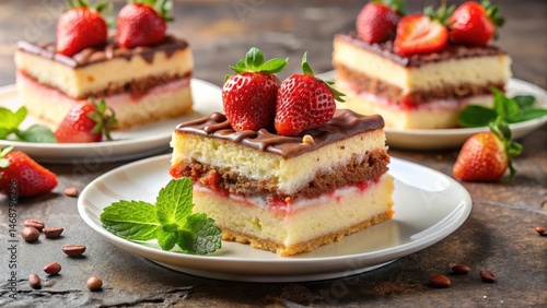 Obraz na płótnie Moist strawberry cake slices on a white plate with fresh strawberries and chocolate shavings , strawberries, food, strawberries w salonie