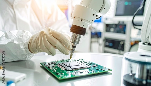 A robotic arm precisely places a microchip on a silicon wafer.