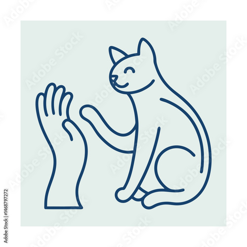 Playful cat giving a paw high five to a human hand in minimalist blue style
