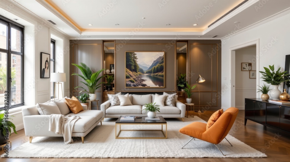 Modern Living Room with Elegant Decor and Warm Tones Featuring Artwork of Scenic Landscape Modern Living Room with Elegant Decor and Warm Tones Featuring Artwork of Scenic Landscape