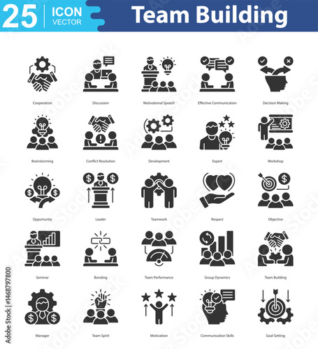 Team Building Icon sheet vector cooperation, discussion, motivational speech, effective communication, decision making, brainstorming, conflict resolution, development, expert, workshop, opportunity