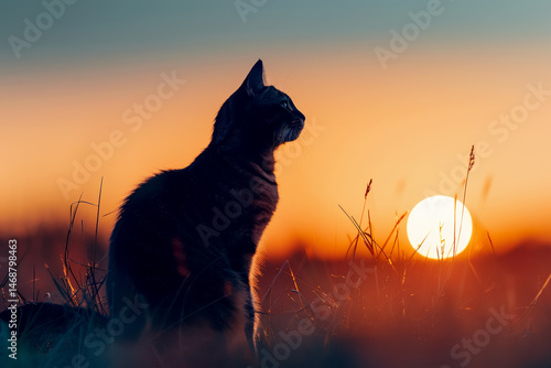 Serene silhouette of graceful exotic cat breed against vibrant sunset, capturing moment of tranquility and beauty
