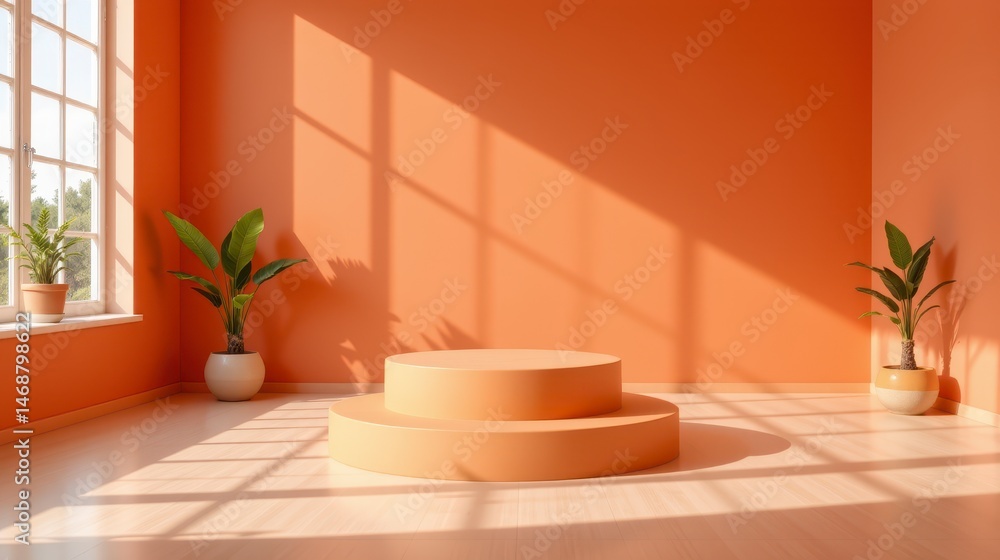 Fototapeta premium Bright Orange Interior Space with Round Platform and Natural Light Streaming Through Large Windows